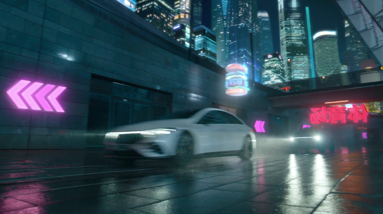 a white car driving down a city street at night