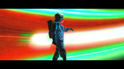 a man with a backpack walking through a tunnel of light