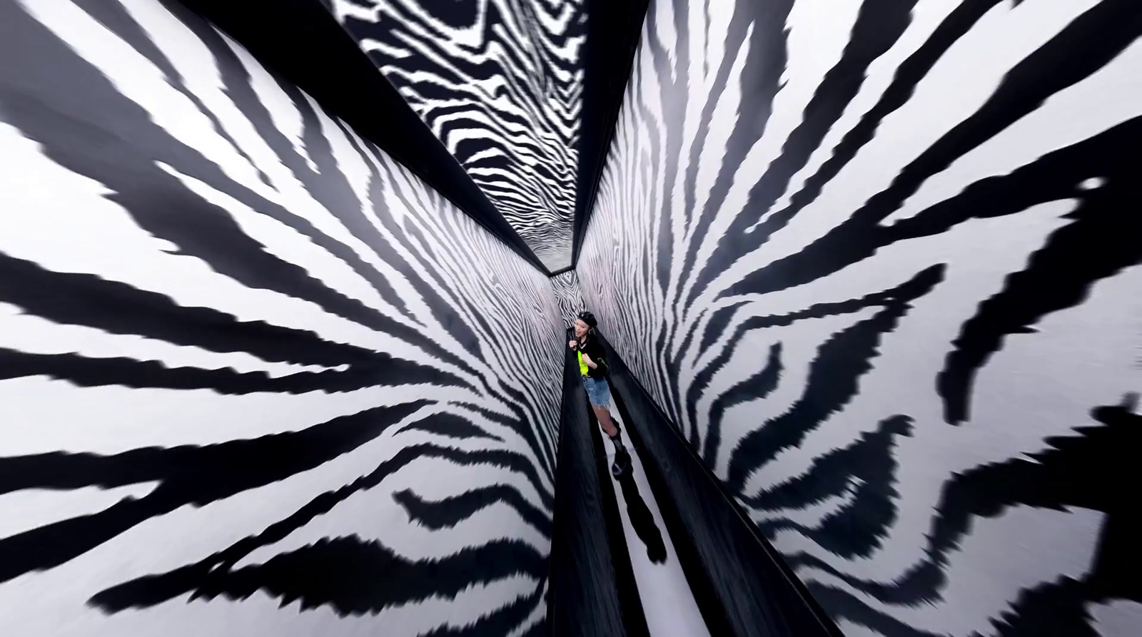 a person is standing in the middle of a zebra print tunnel