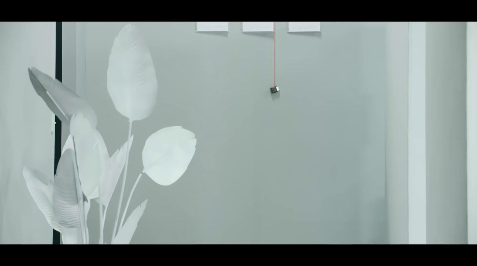 a bathroom with a mirror and a white flower on the wall