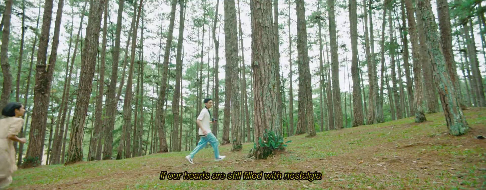 a man and a woman walking through a forest