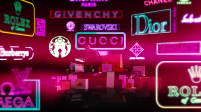 a wall with many neon signs and symbols on it