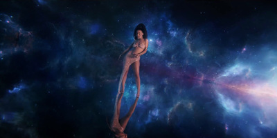 a naked woman standing in the middle of a space filled with stars