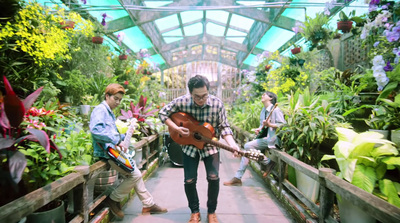 a group of young men playing guitars in a greenhouse