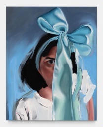 a painting of a woman with a blue bow on her head