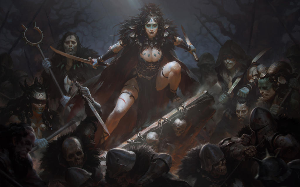 a painting of a woman surrounded by zombies