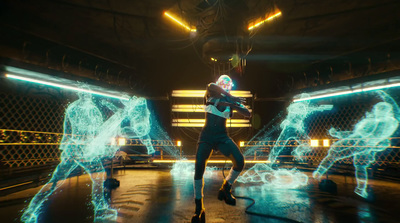 a woman in a black outfit is dancing with neon lights