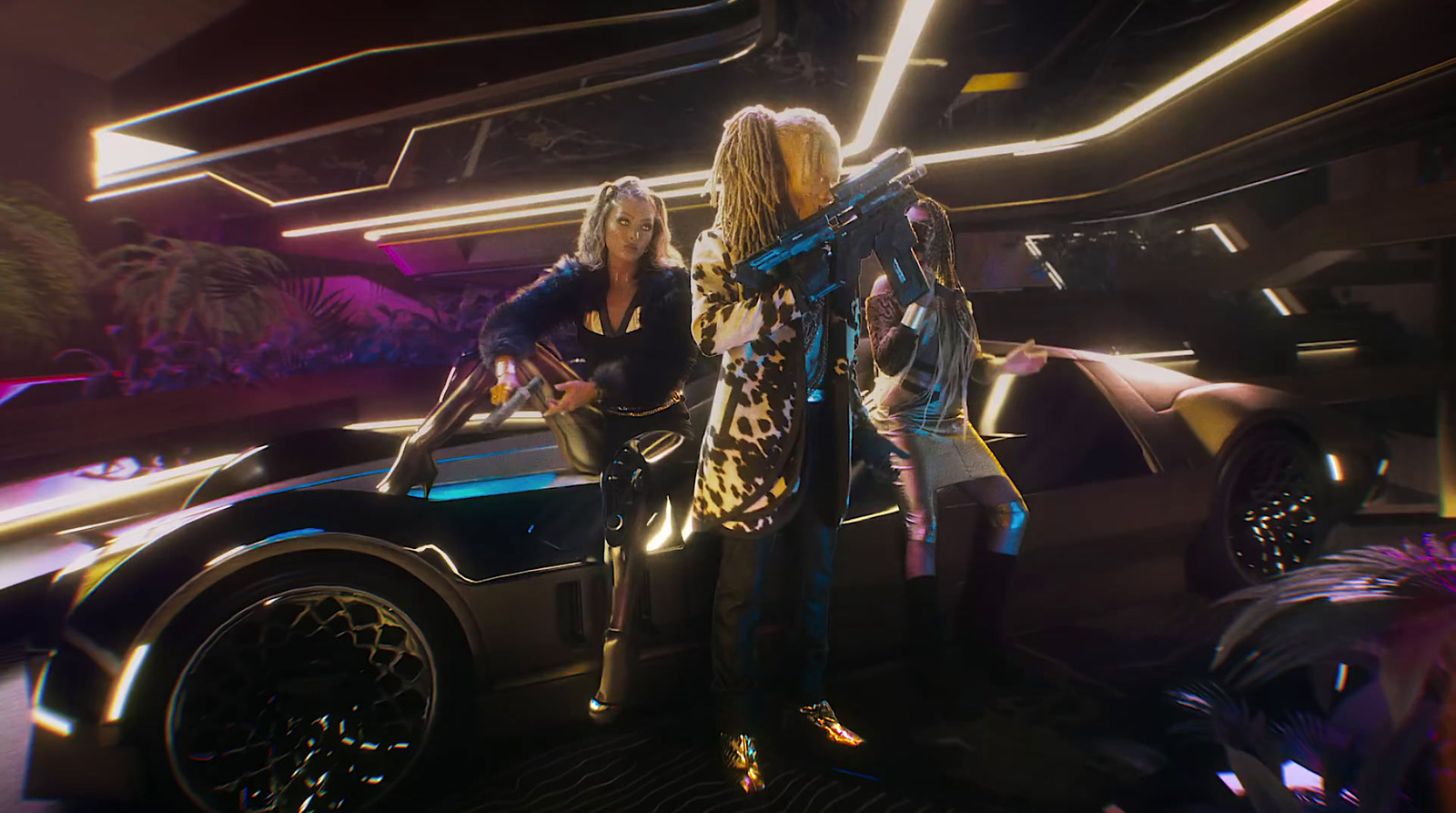 a group of women standing next to a car