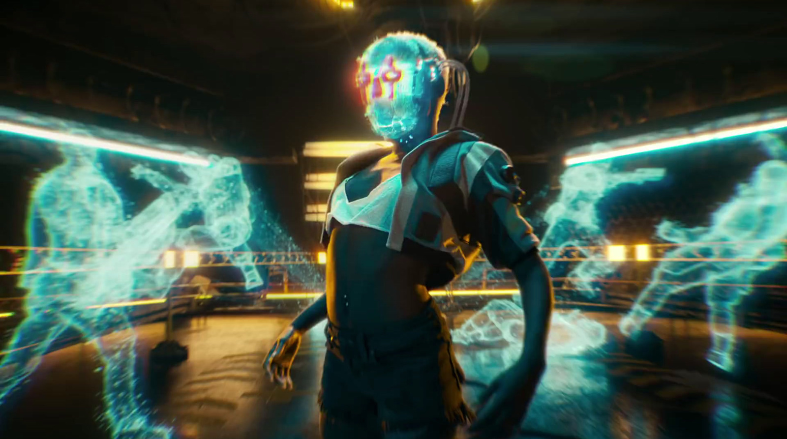 a woman in a futuristic space suit standing in front of a screen