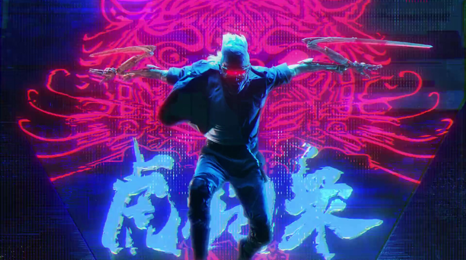 a man with two swords standing in front of a neon background