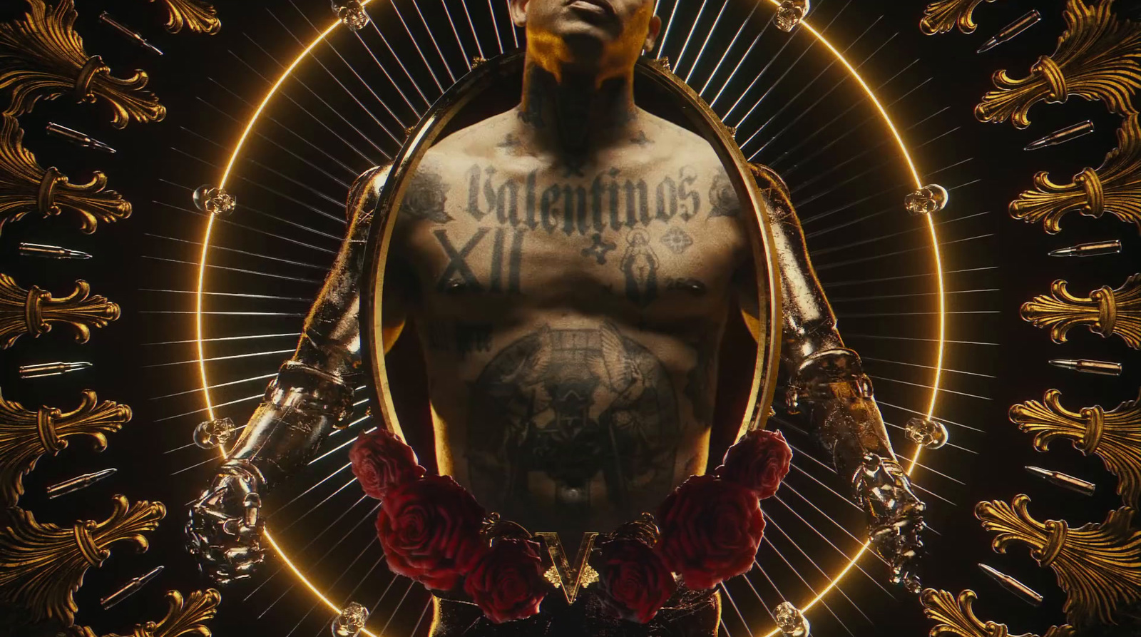 a man with tattoos on his chest standing in front of a mirror