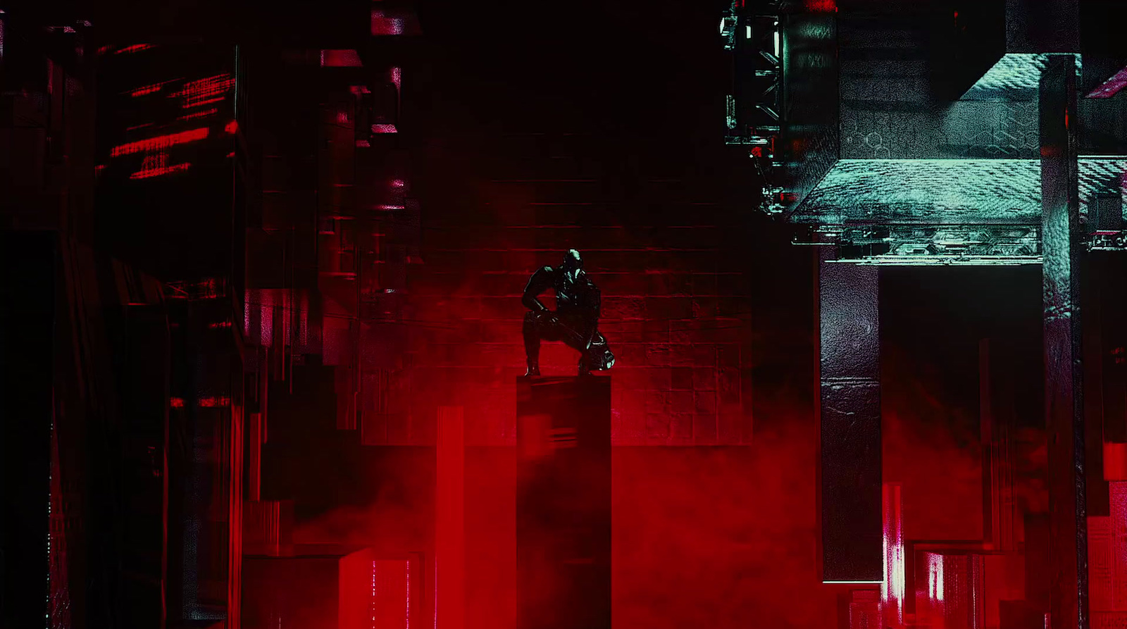 a person standing on a ledge in a dark room