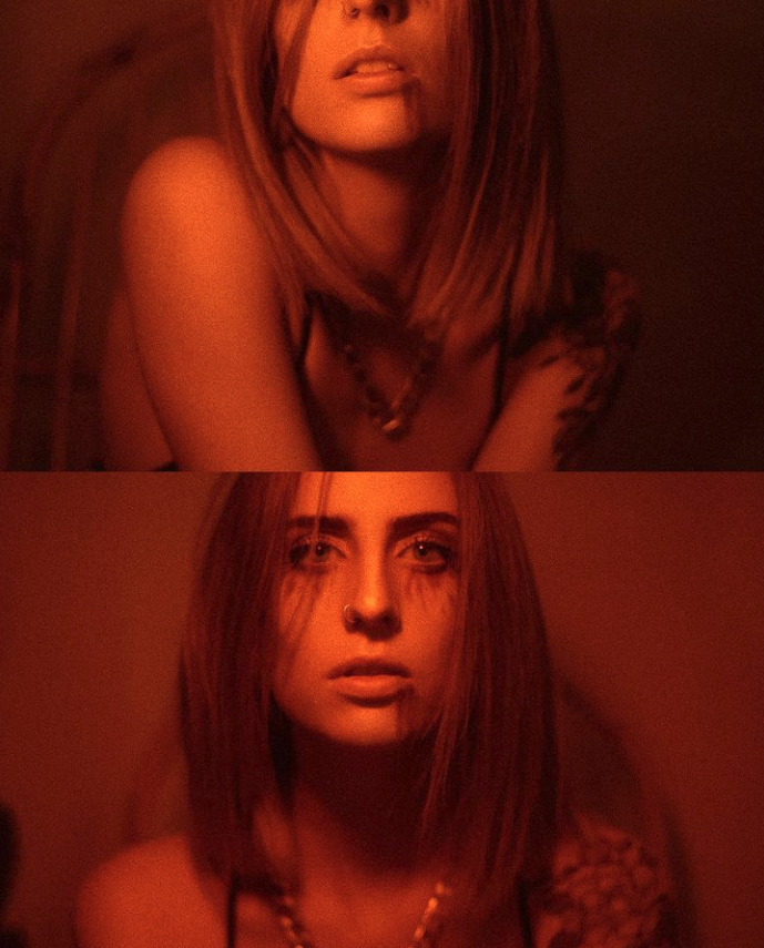 two images of a woman in a red light