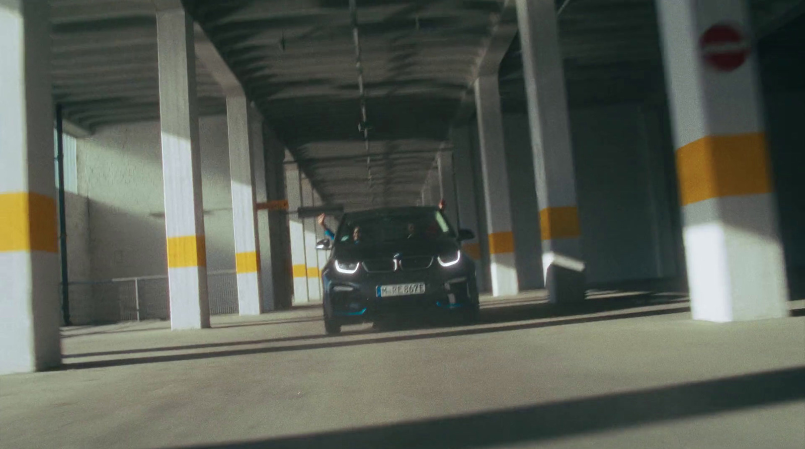 a car is parked in a parking garage