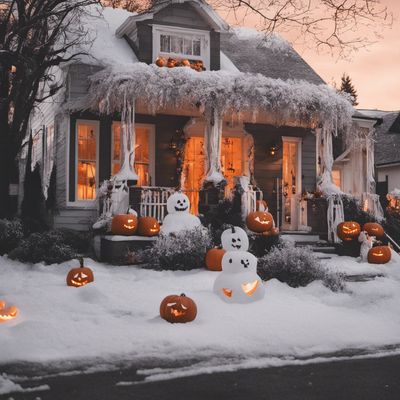 a house decorated for halloween with pumpkins and jack - o - lanterns