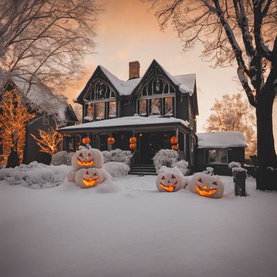 a couple of pumpkins that are sitting in the snow