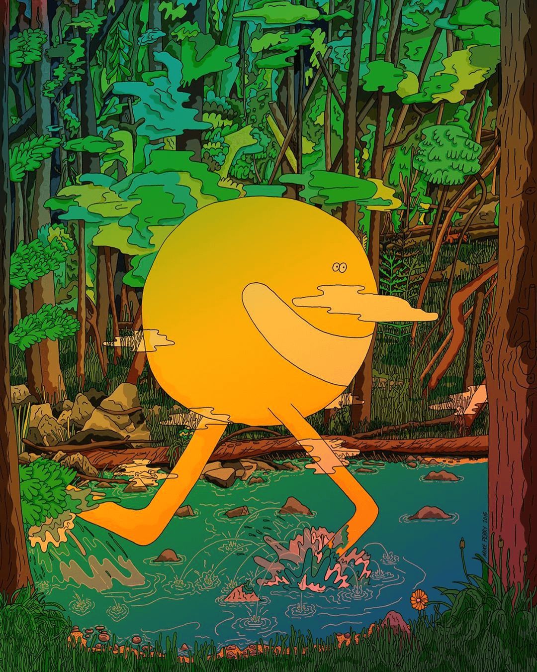 a yellow duck is walking through the woods