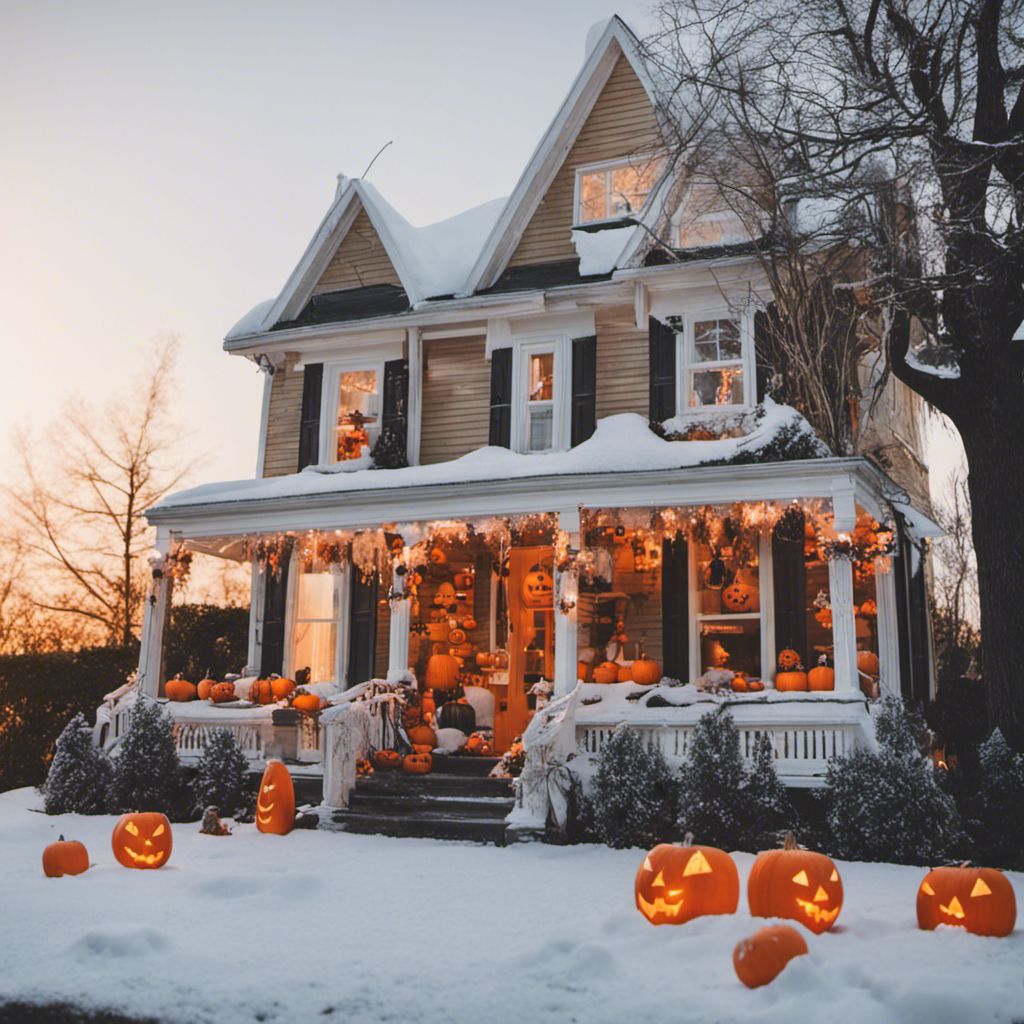 a house decorated for halloween with pumpkins and lights