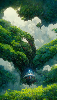 a train traveling through a lush green forest