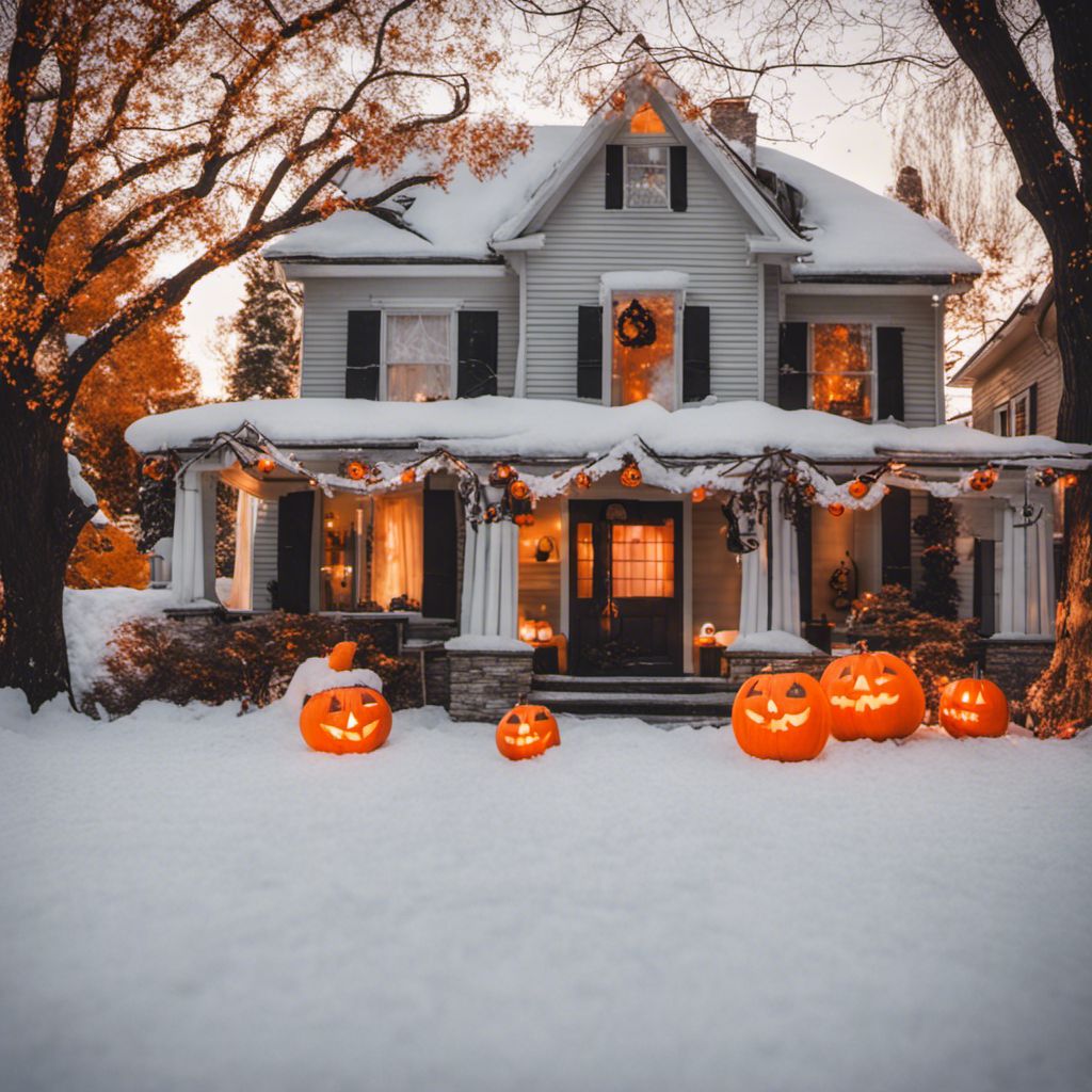 a house decorated for halloween with pumpkins in front of it