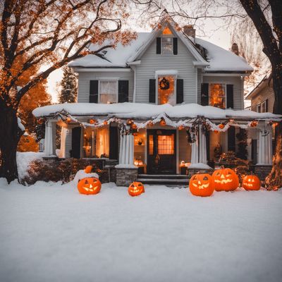 a house decorated for halloween with pumpkins in front of it