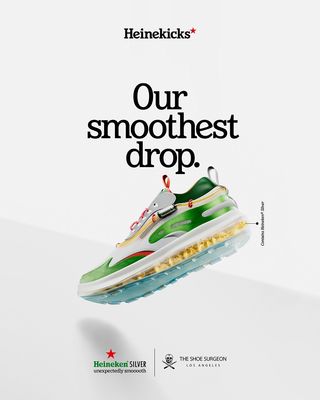 an advertisement for a shoe company with a shoe in the air