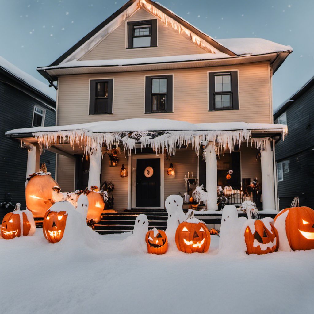 a house decorated for halloween with pumpkins in the snow