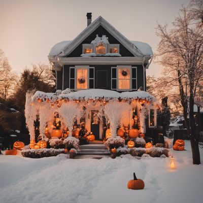 a house decorated for halloween with pumpkins and lights