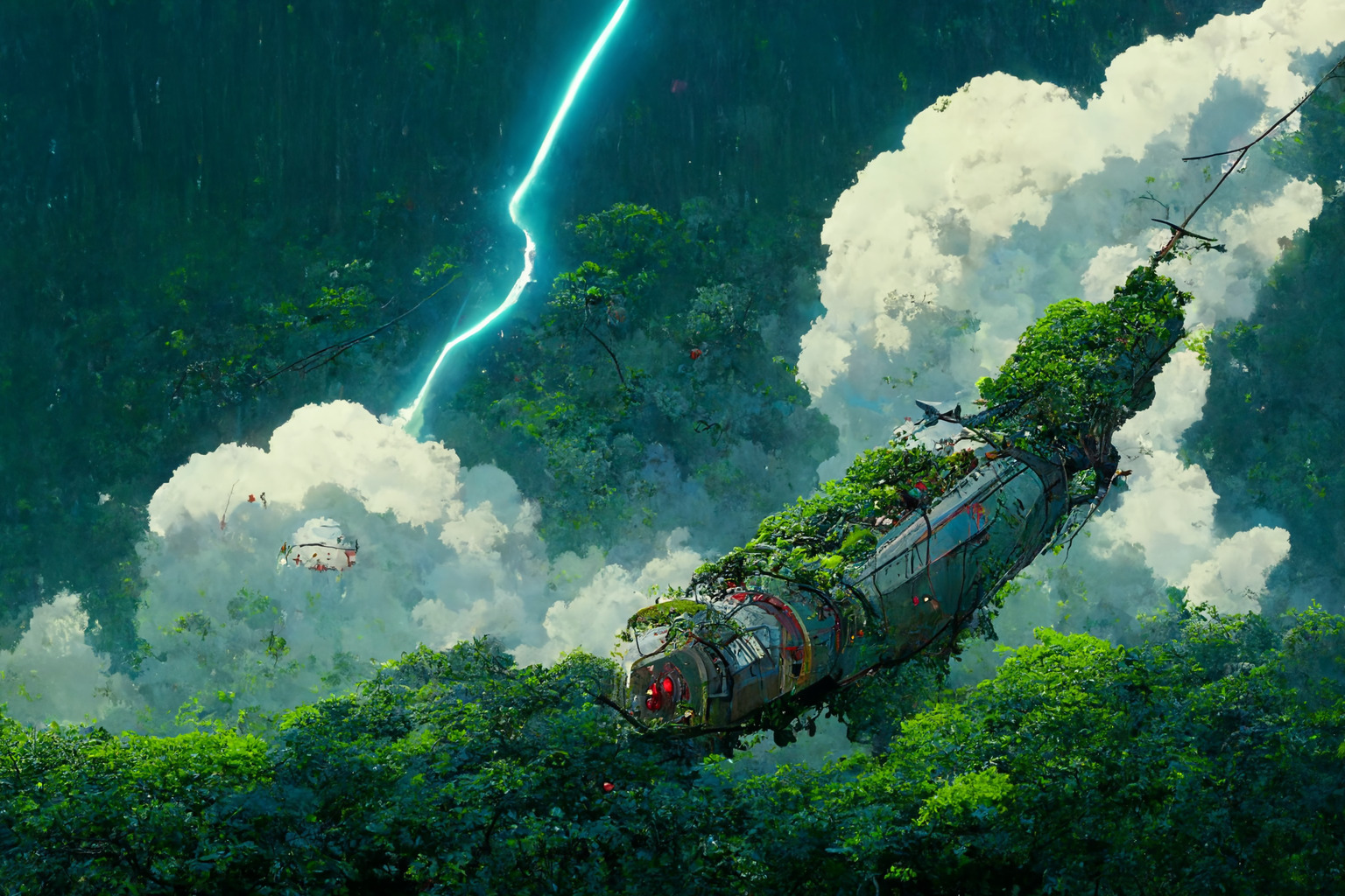 a train traveling through a lush green forest