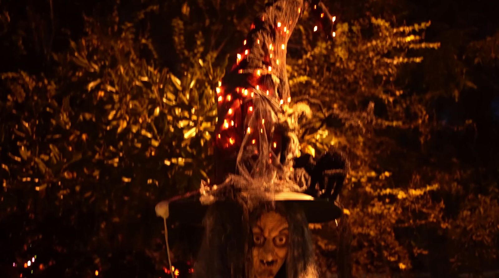 a halloween decoration with a creepy face and a witches hat