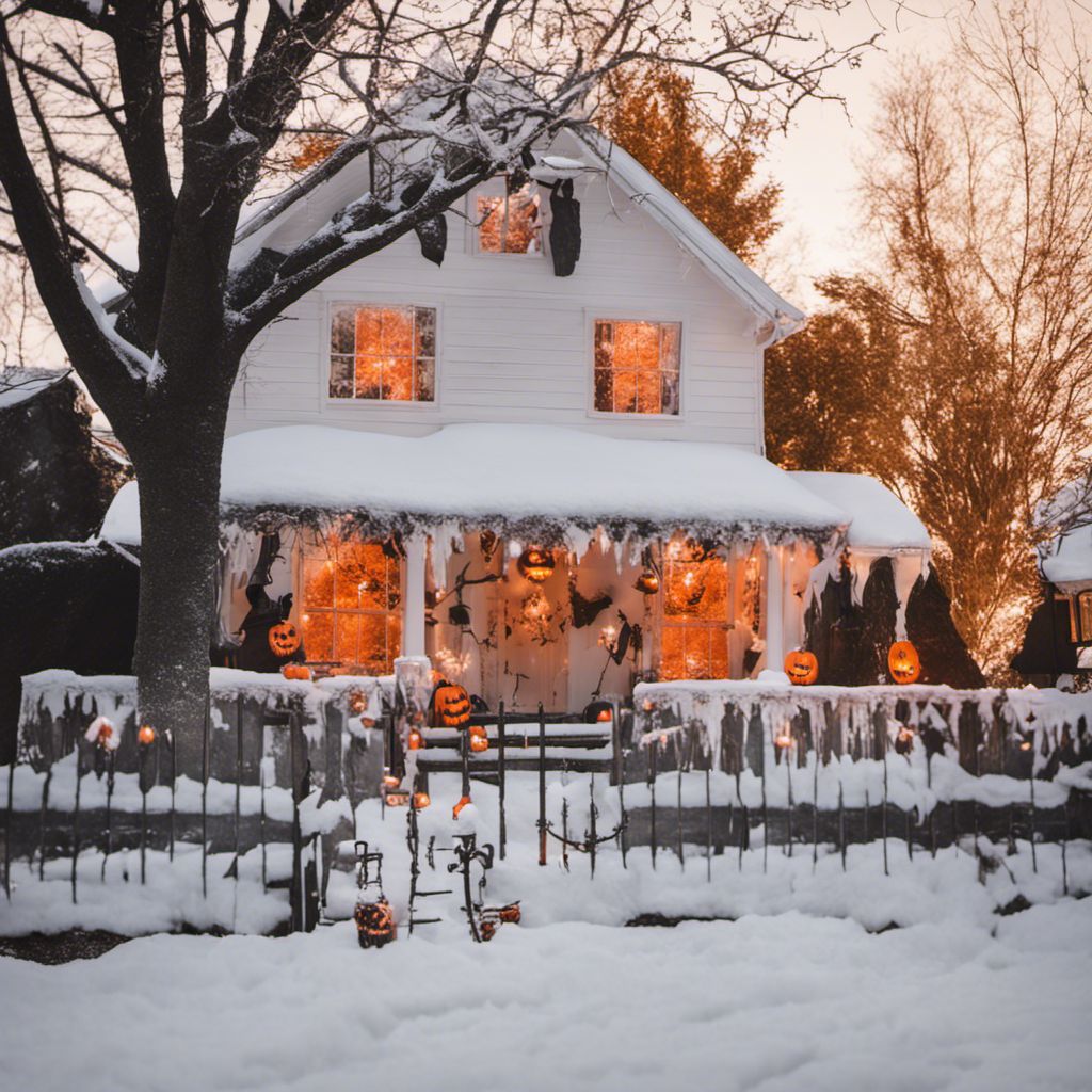 a white house covered in snow and decorated for halloween