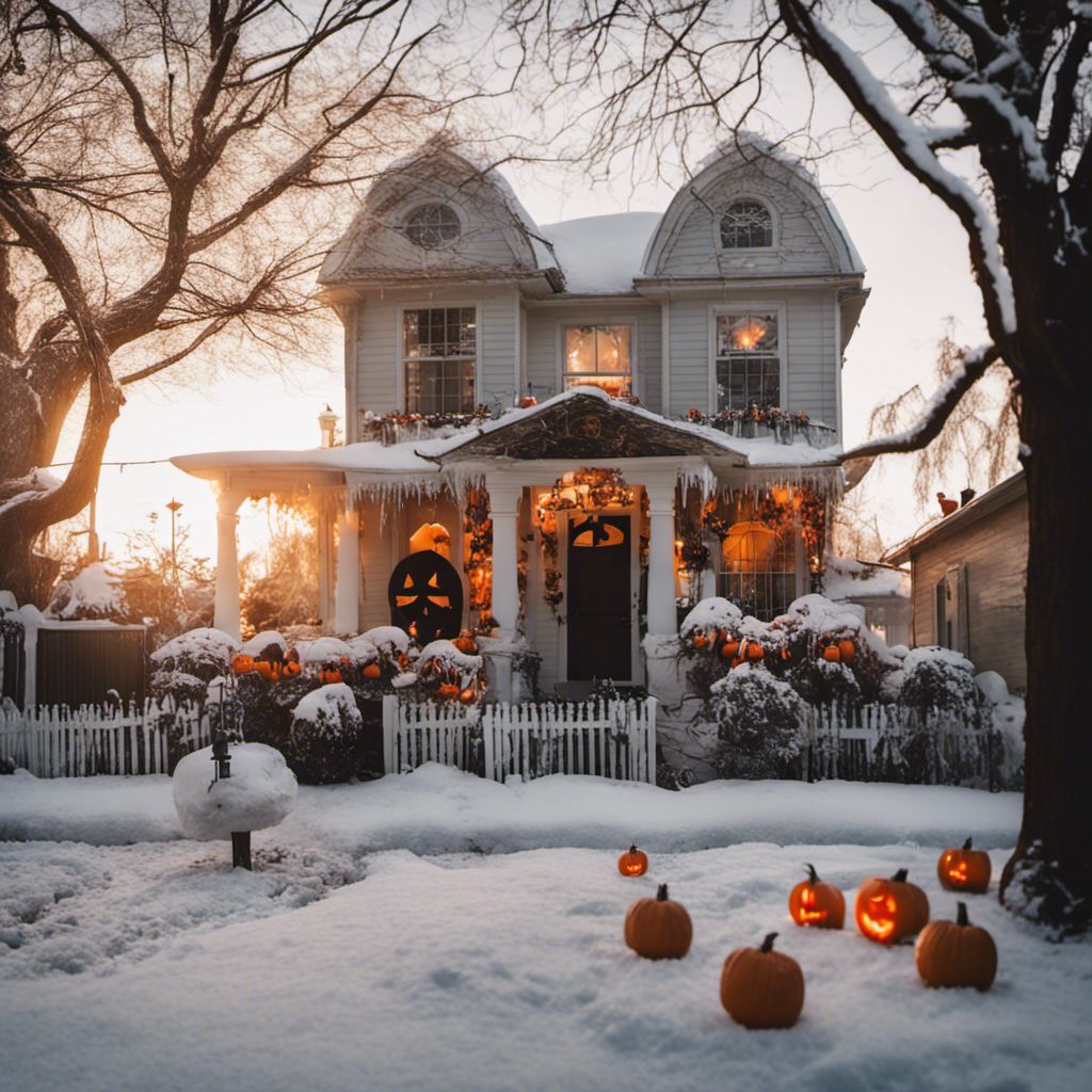 a house with pumpkins in front of it