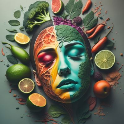 a woman's face is surrounded by fruits and vegetables
