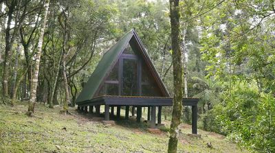 a - frame cabin in the middle of a forest