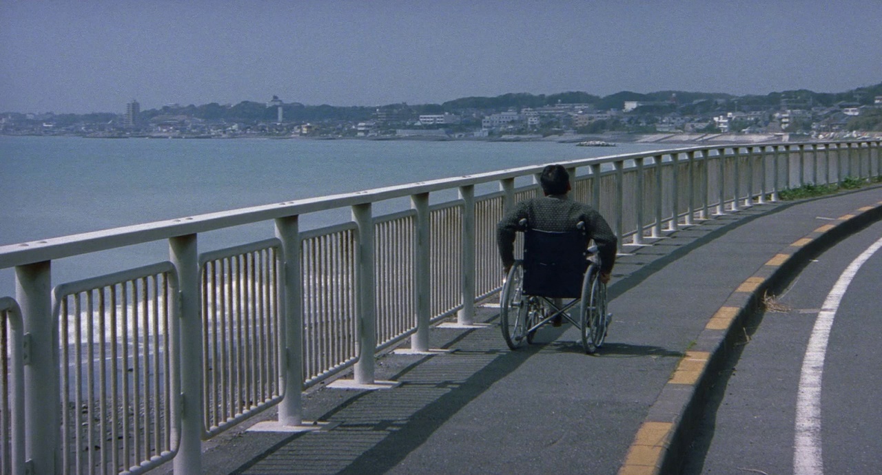 a man in a wheel chair on a bridge