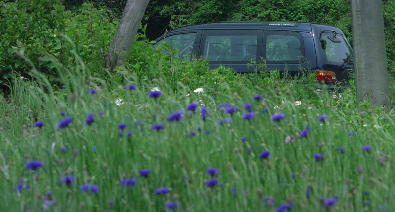 a van is parked in a field of wildflowers