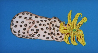 a painting of a leopard skin with a yellow flower