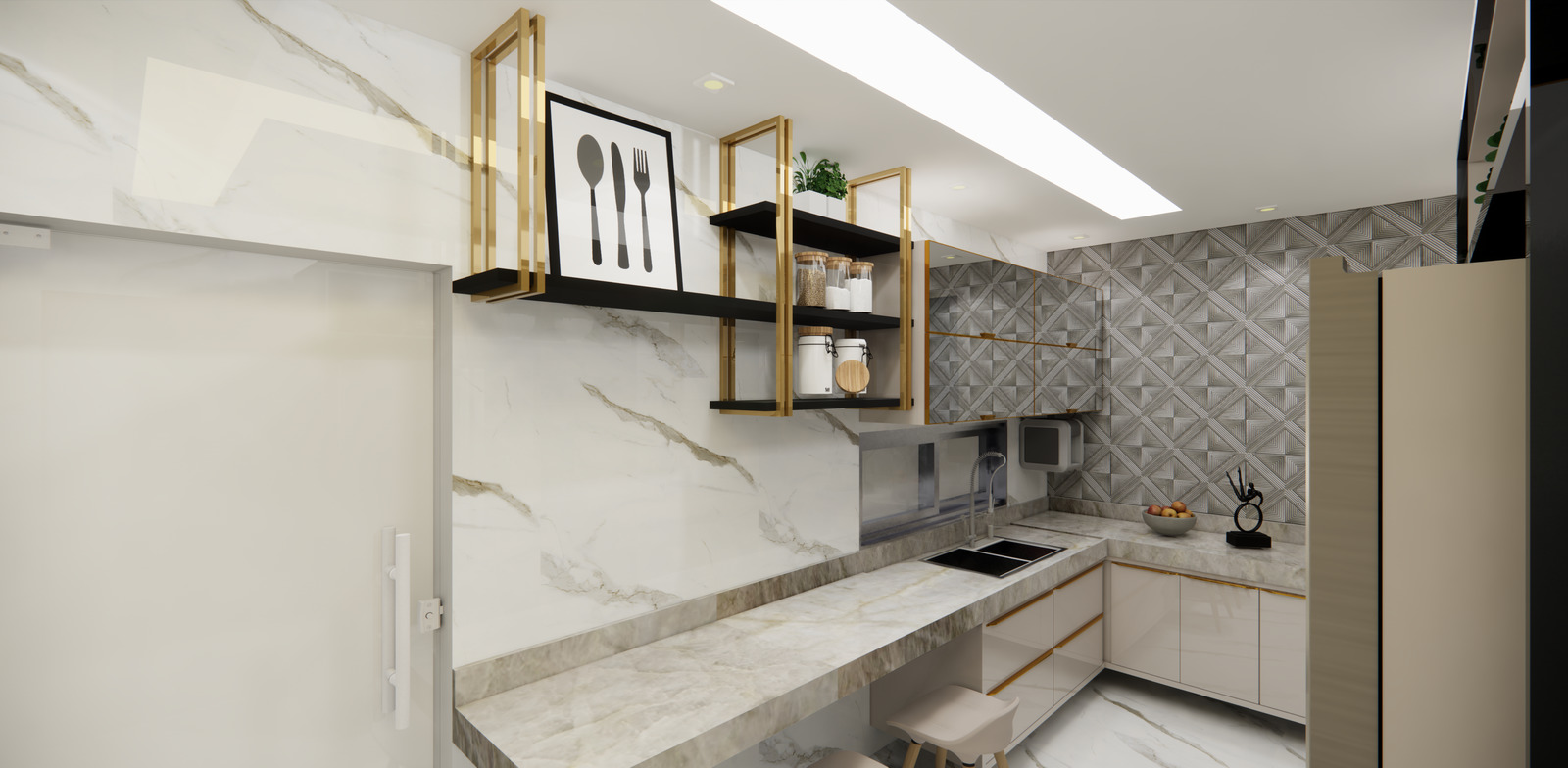 a kitchen with marble counter tops and gold accents