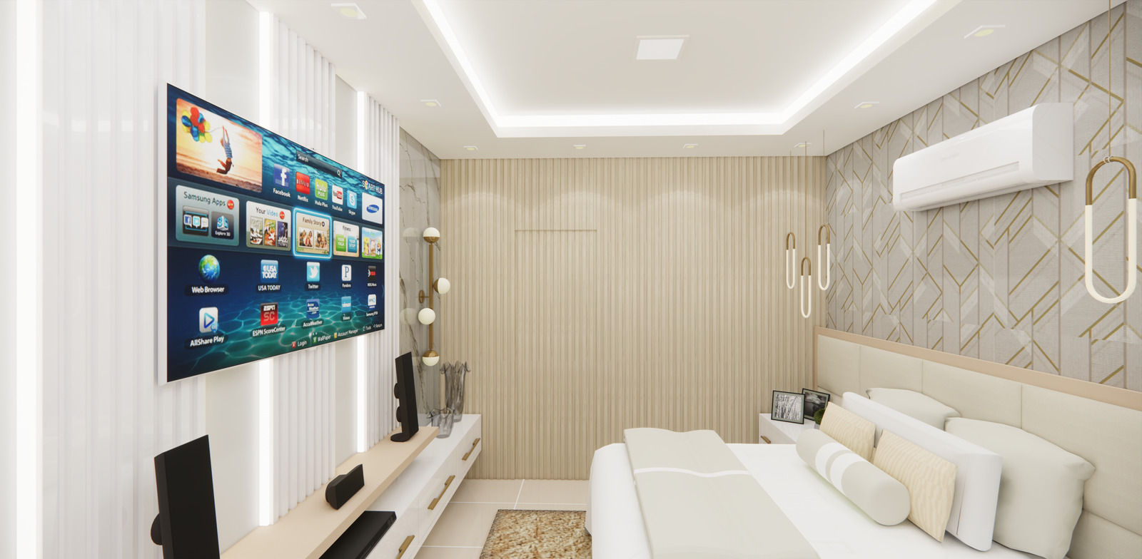 a bedroom with a flat screen tv mounted on the wall