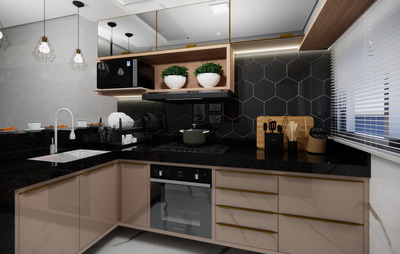 a kitchen with black counter tops and a white sink