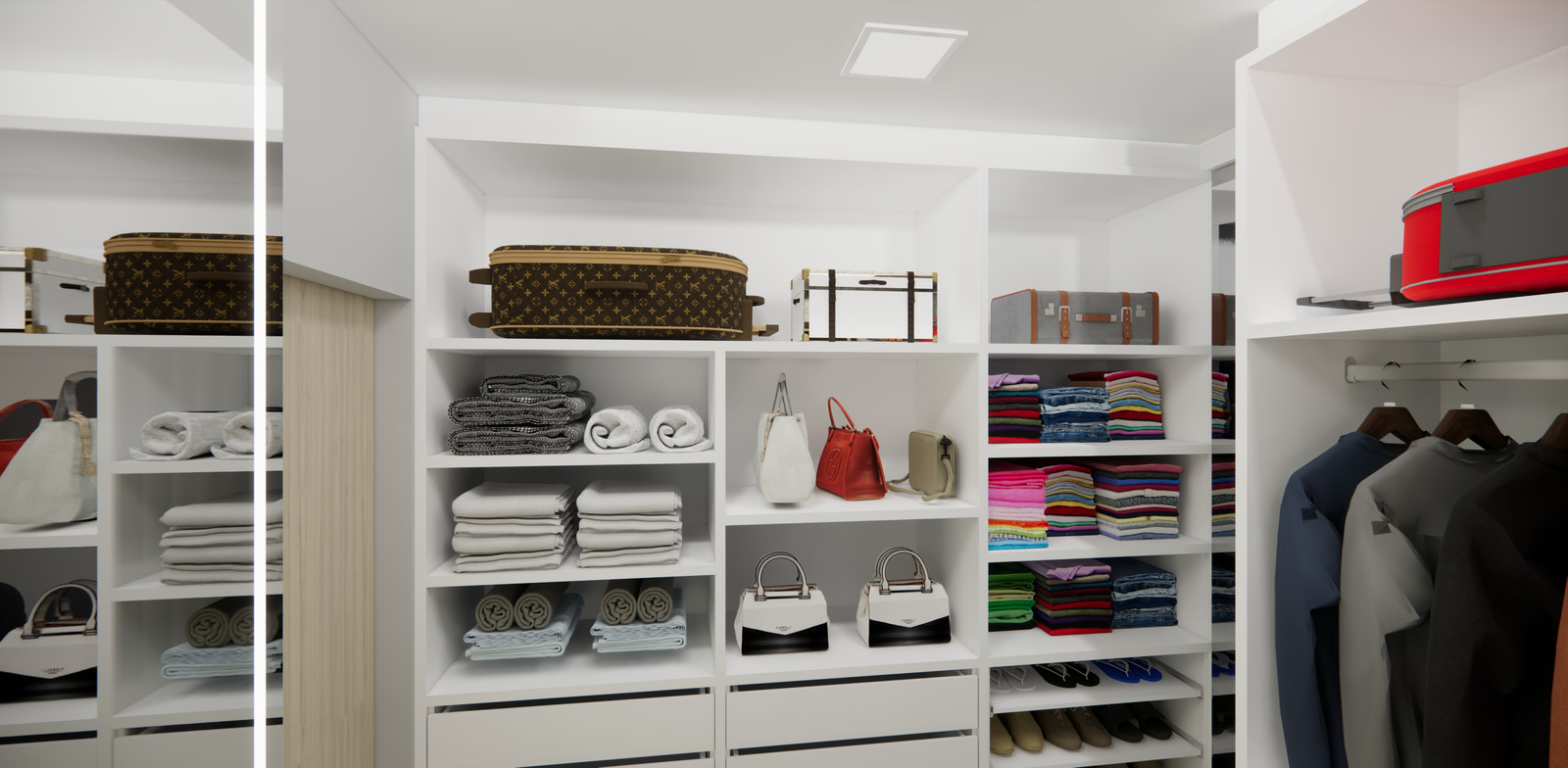 a closet filled with lots of white shelves