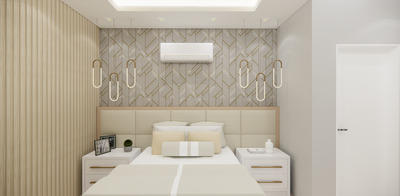 a bed room with a neatly made bed and a ceiling fan