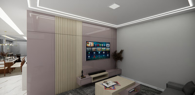 a living room with a flat screen tv on the wall