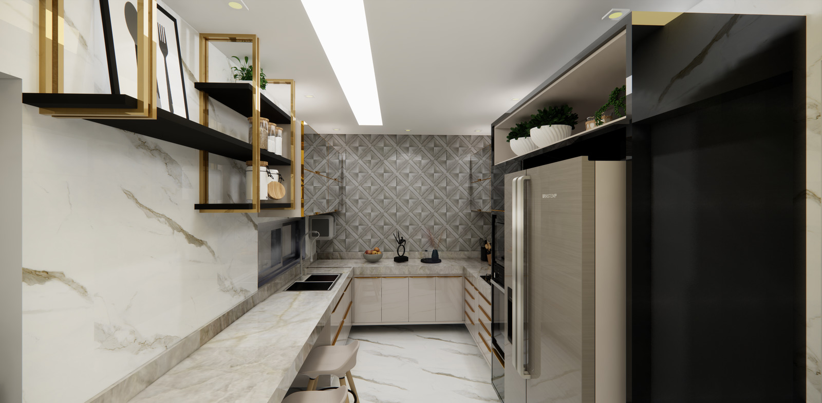 a kitchen with a marble counter top next to a refrigerator