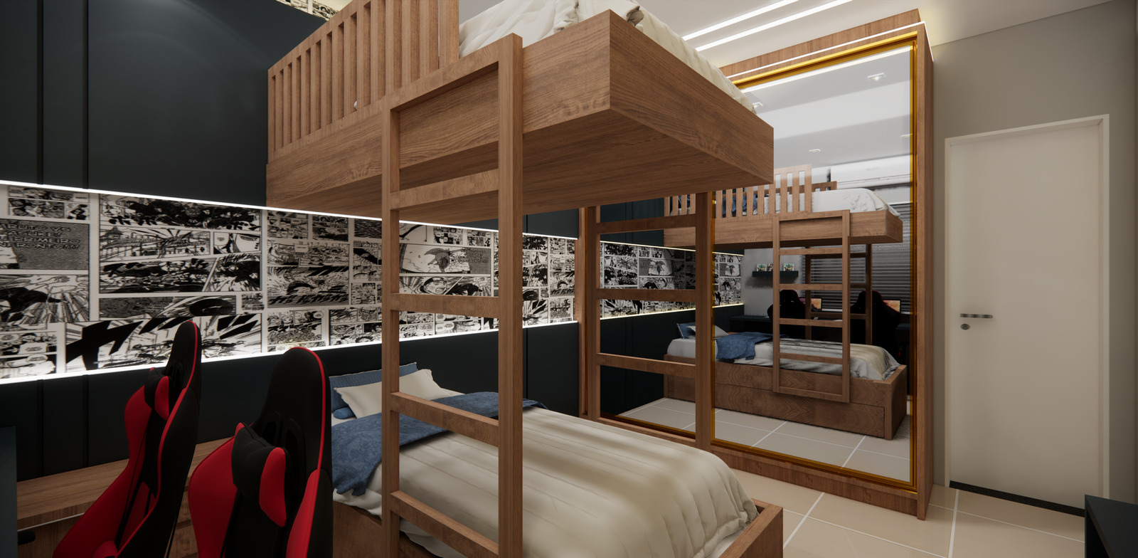 a bedroom with a bunk bed and a mirror