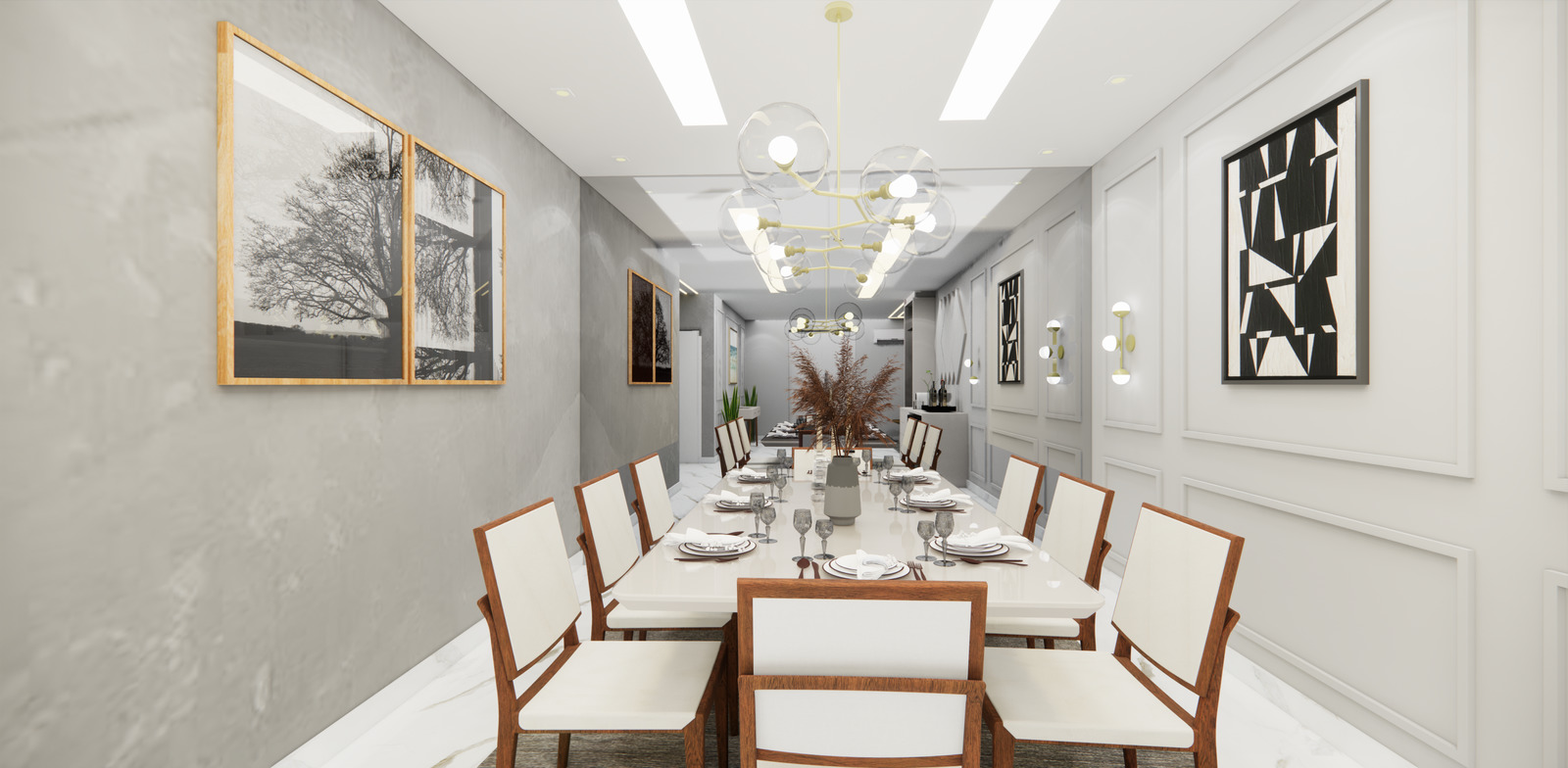 a dining room with a long table and white chairs