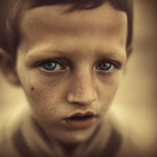 a close up of a young boy with blue eyes