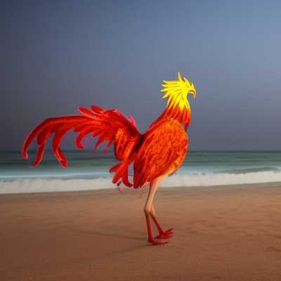 a red rooster standing on top of a sandy beach