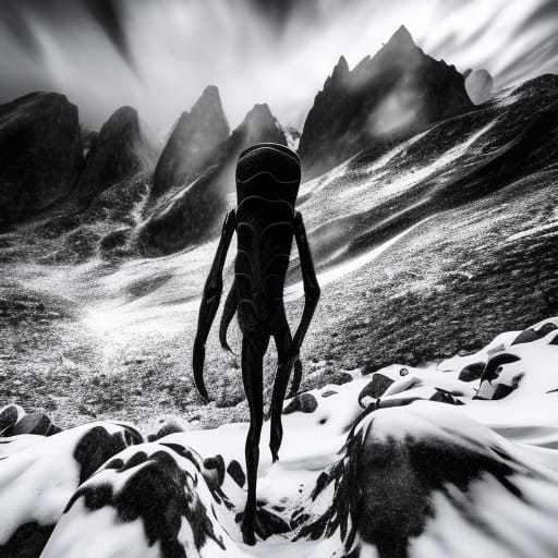 a black and white photo of an alien standing in the snow