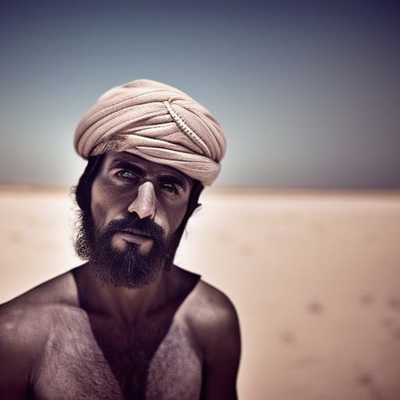 a man with a turban standing in the desert